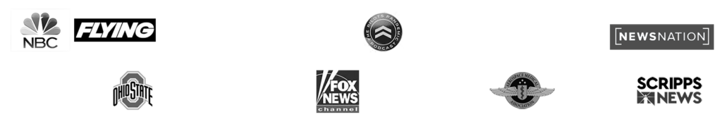 A collection of logos for NBC, Flying, USAA, NewsNation, Ohio State, Fox News Channel, the Department of Veterans Affairs, and Scripps News arranged in two rows.