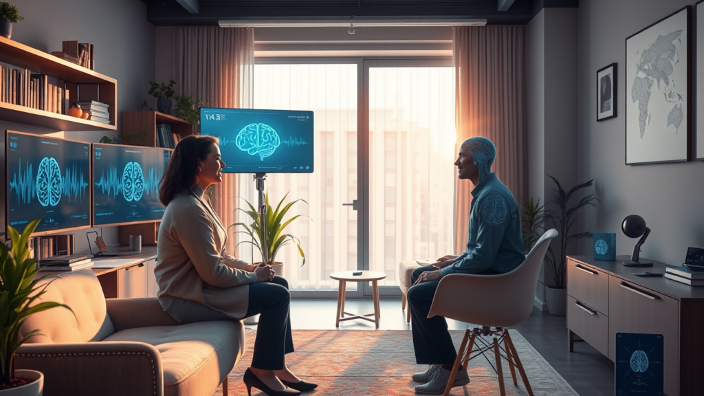 A person sits on a couch opposite a holographic figure in a modern room with medical display screens and houseplants.