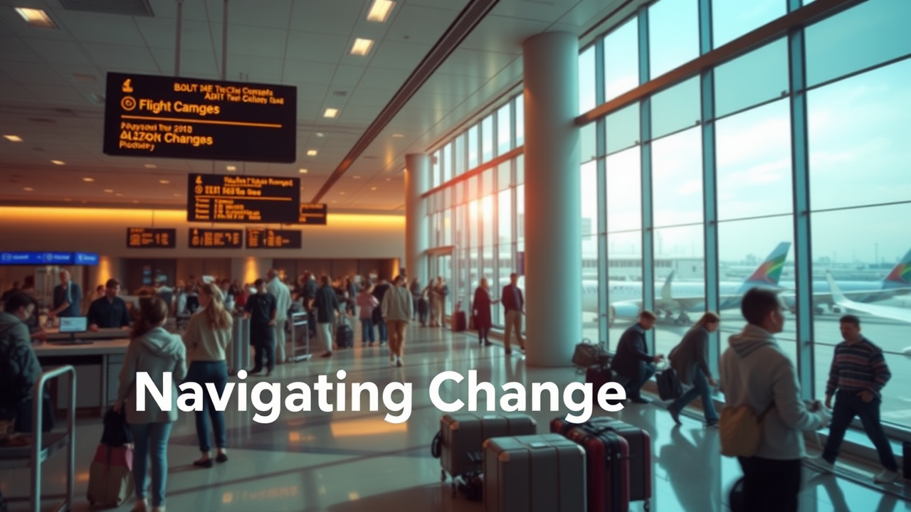 A busy airport terminal with travelers and luggage. Flight information displayed overhead. Text reads "Navigating Change.