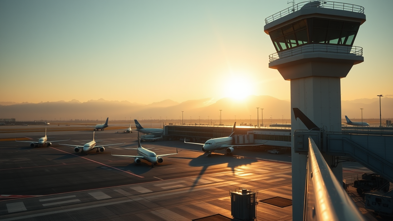 Airport tarmac at sunrise with several airplanes parked at gates. A control tower is visible on the right, and mountains are in the background.