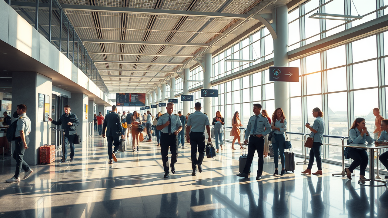 Bright airport terminal with travelers walking and sitting, carrying luggage. Large windows let in sunlight. Information signs and a digital display board are visible above.