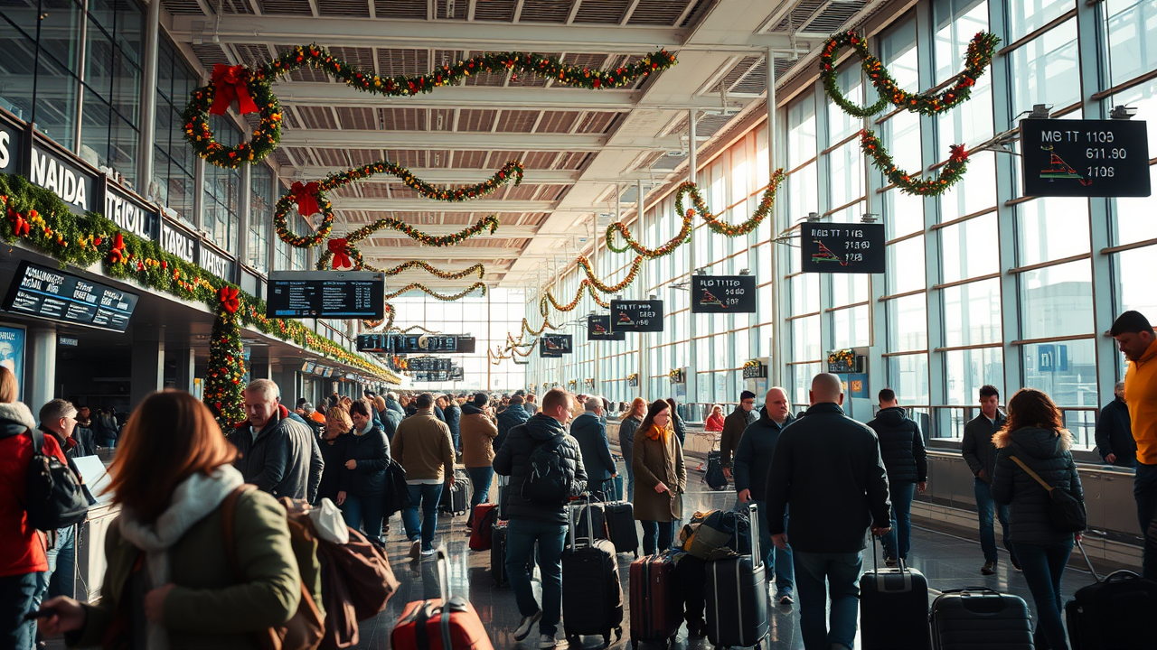 A busy airport terminal decorated with festive garlands; travelers are navigating through with bags and suitcases. Digital signs display flight information above.