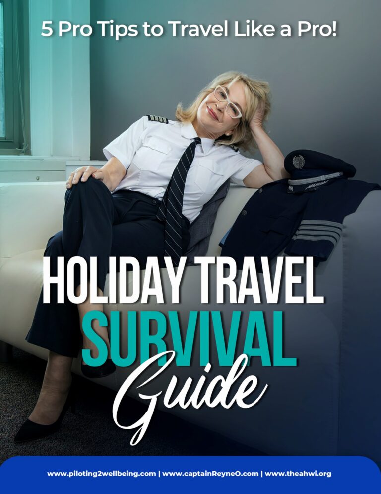 A woman in a pilot uniform reclines on a sofa. Text reads, "Holiday Travel Survival Guide: 5 Pro Tips to Travel Like a Pro!.