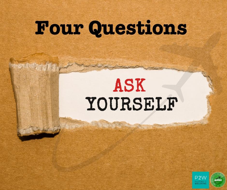 Torn paper revealing the text "ASK YOURSELF" with the title "Four Questions" above. Two logos are in the bottom corners.