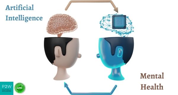 Diagram showing a human brain and a computer chip, labeled "Artificial Intelligence" and "Mental Health," with arrows indicating interaction.