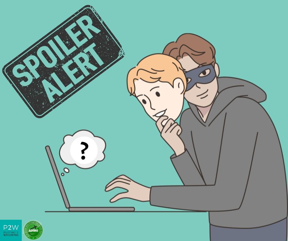 Illustration of a masked person looking over someone’s shoulder while they use a laptop. A thought bubble with a question mark appears, and text reads "Spoiler Alert.