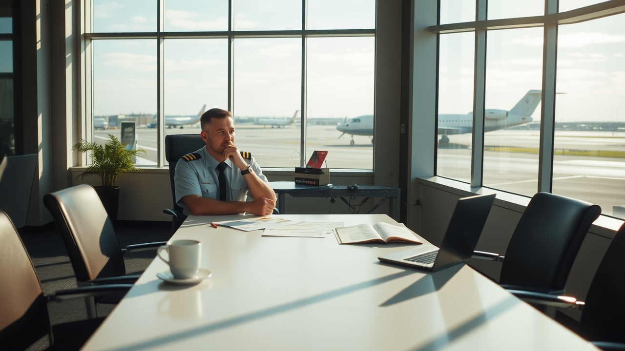 Pilot in uniform sits at a conference table by airport windows, papers and a laptop in front, looking outside at planes on the runway.