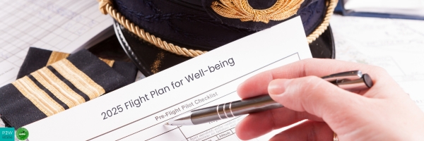 Hand holding a pen over a document titled "2025 Flight Plan for Well-being" with a pilot's hat and epaulet in the background.