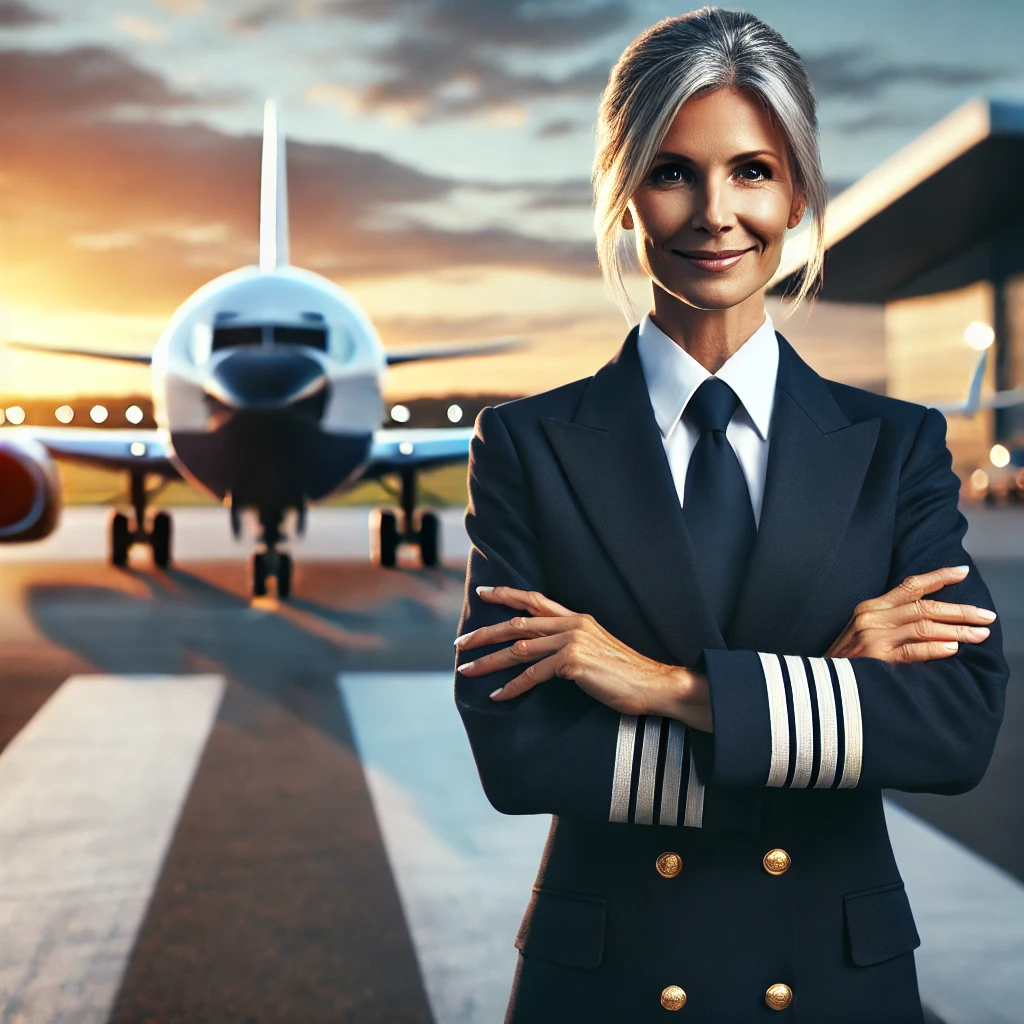 Pilot in uniform stands confidently on a runway with a plane in the background at sunset.