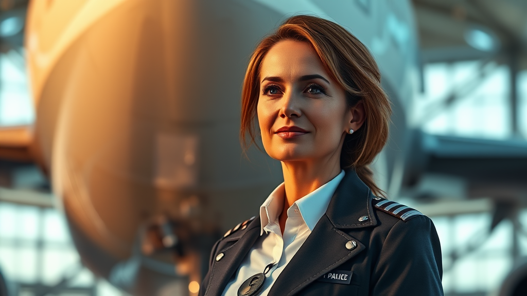 Pilot in uniform stands confidently in front of an airplane, smiling, with natural light illuminating her face.