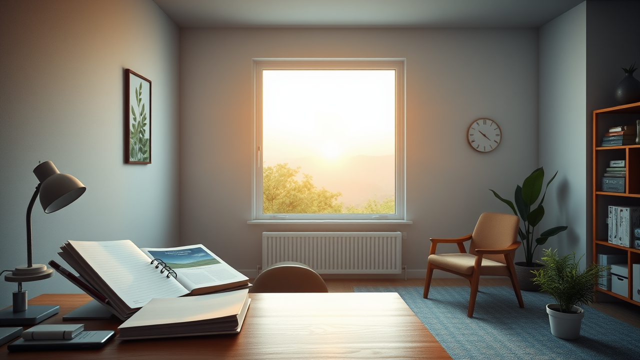 A serene office with a desk, lamp, and papers, featuring a large window with a sunset view, a bookcase, an armchair, and a potted plant.