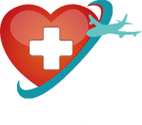 A red heart with a white medical cross next to a silhouette of an airplane.