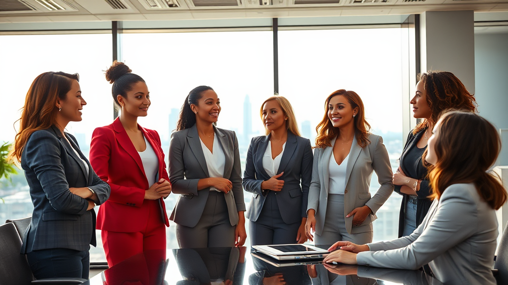 Seven women in business attire are gathered in a modern meeting room, engaged in conversation. A tablet and documents are visible on the table.